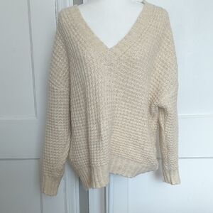 American Eagle Cream Relaxed Fit Knit Vneck Sweater